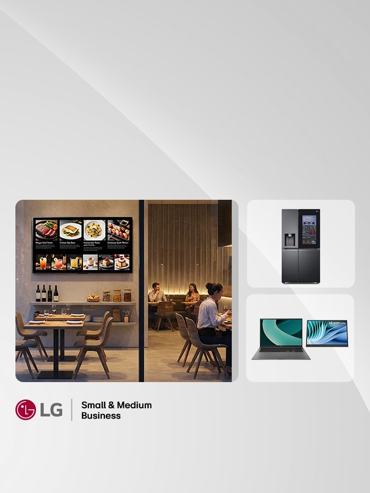 Modern restaurant interior showcasing a wall-mounted LG commercial digital signage menu board displaying food options to diners.